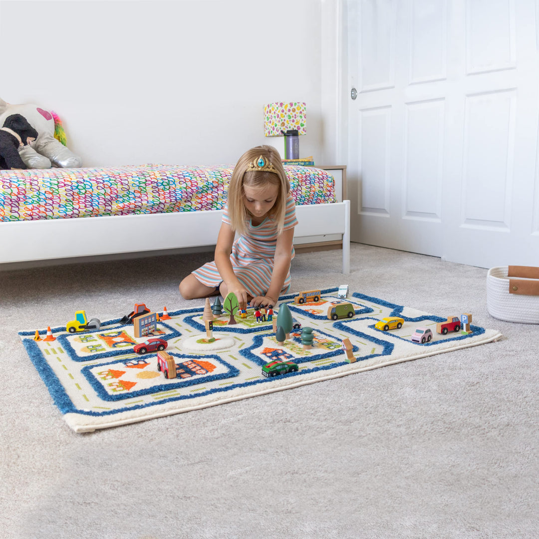 Thick 3D Childrens Play Mat & Rug in A Colorful Town Design for Kids with Soccer Field, Car Park & Roads, Blue, 32 x 45 inches