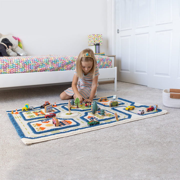 Thick 3D Childrens Play Mat & Rug in A Colorful Town Design for Kids with Soccer Field, Car Park & Roads, Blue, 32 x 45 inches