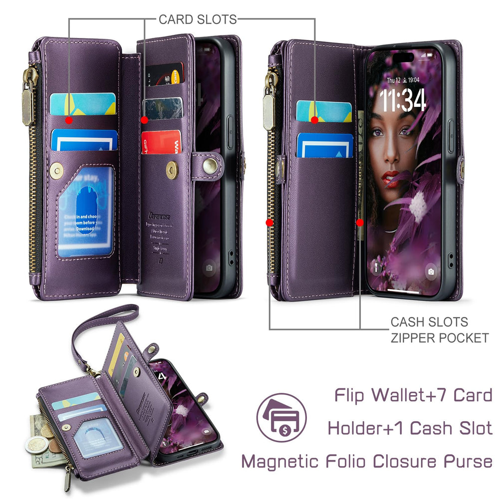Compatible with iPhone 13 Case Wallet with Card Holder for Women and Men, PU Leather Magnetic Snap Flip Zipper Strap Wallet Phone Case Fit for iPhone 13 6.1, Fashion Black