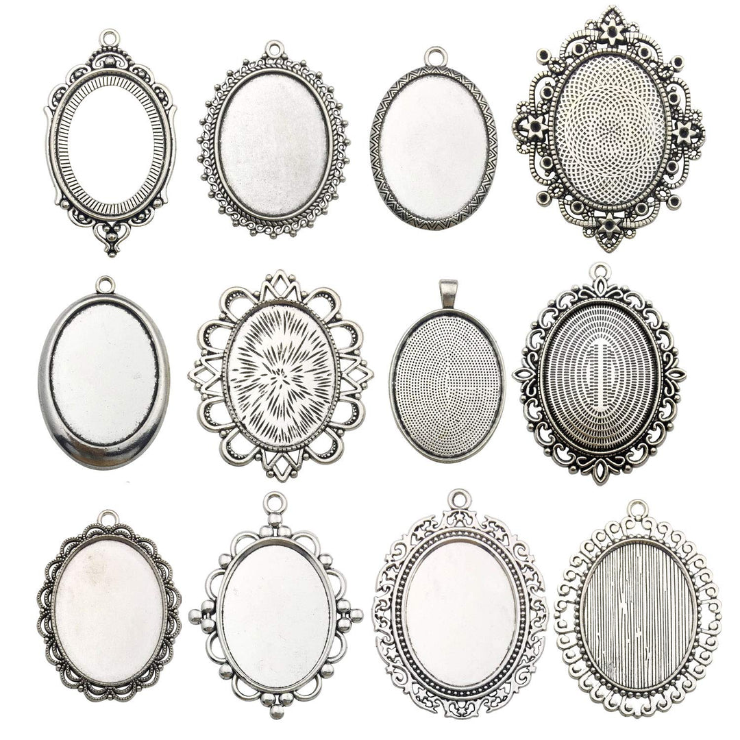10 Pendant Trays, 30x40mm, Blank Oval Cabochons Base Setting Bezel Frame Metal Cameo for Photo Pendant Jewelry Making (Antique Silver-HM278)