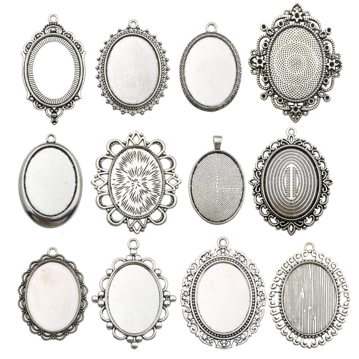 10 Pendant Trays, 30x40mm, Blank Oval Cabochons Base Setting Bezel Frame Metal Cameo for Photo Pendant Jewelry Making (Antique Silver-HM278)
