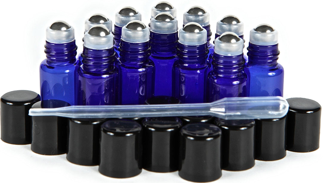 , 12, Cobalt Blue, 3 ml Glass Roll-on Bottles with Stainless Steel Roller Balls - Dropper included ...