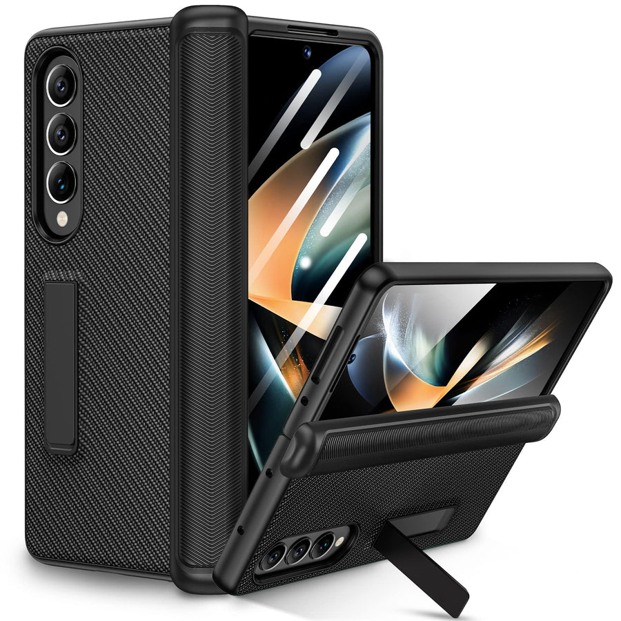 Kickstand Case for Galaxy Z Fold 4, Hinge Protection, Full Body & Built-in Screen Protector, PU Leather Stand Case for Samsung Galaxy Z Fold 4 5G, Carbon Fiber