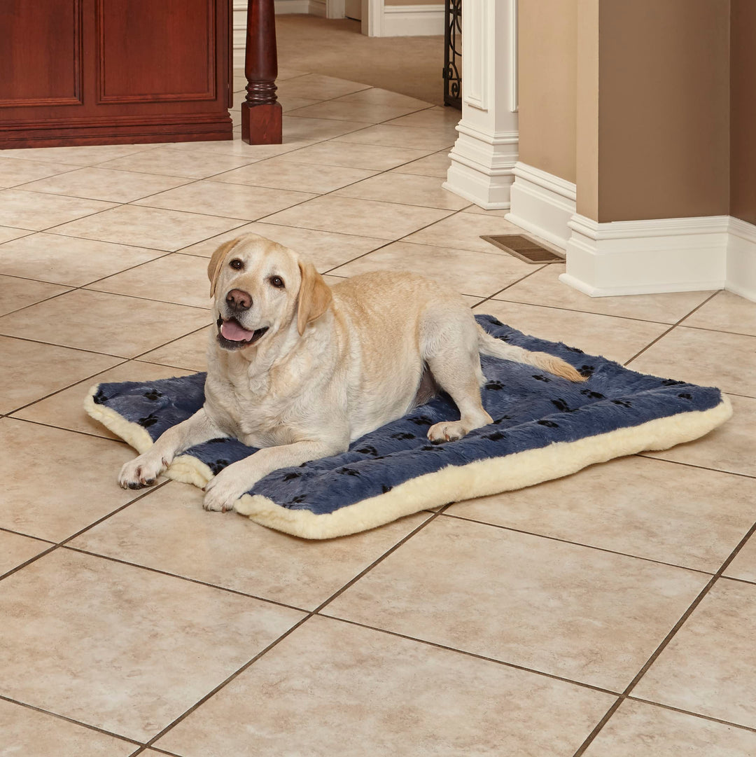Reversible Paw Print Pet Bed in Blue / White, Dog Bed Measures 40L x 26W x 3.5H for Large Dogs, Machine Wash