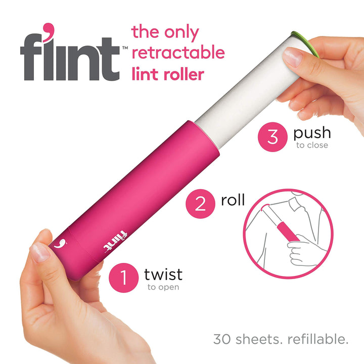 Retractable Lint Roller, Refillable, 30 Sheets, Pink