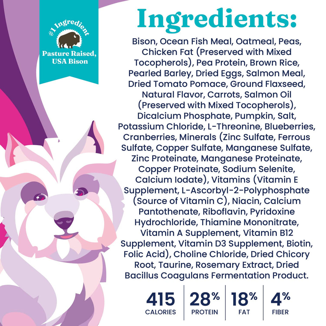 Small Breed Dog Food - Whole Grain Made w/Real Bison, Brown Rice, & Pearled Barley - High Fiber, Probiotic Dry Dog Food for Dogs with Sensitive Stomachs - 4 LB