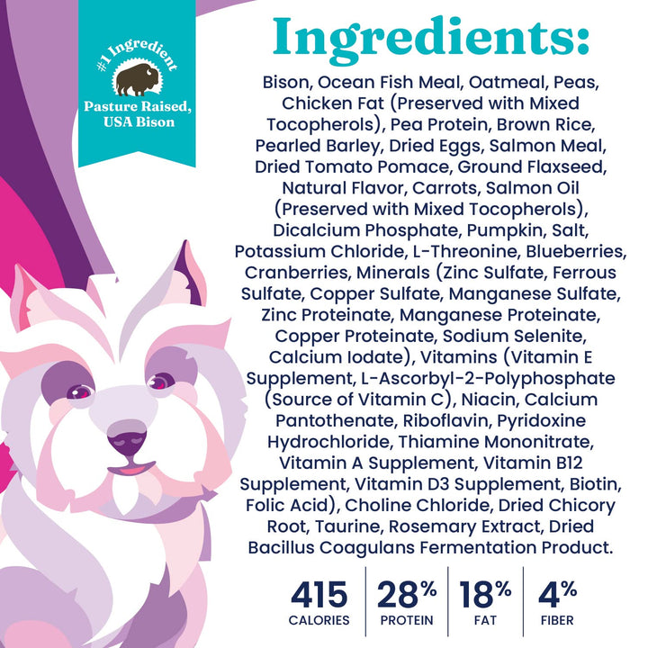 Small Breed Dog Food - Whole Grain Made w/Real Bison, Brown Rice, & Pearled Barley - High Fiber, Probiotic Dry Dog Food for Dogs with Sensitive Stomachs - 4 LB