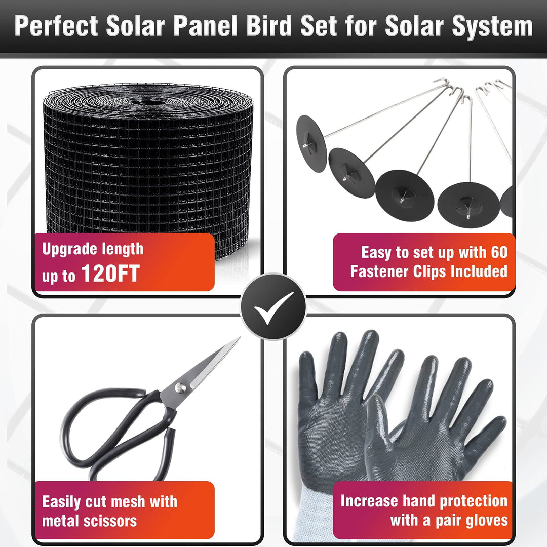 6x120FT Solar Mesh Screen for Bird Proofing Solar Panels, Solar Panel Bird Guard & Black PVC Coated Galvanized Steel with 60 Fastener Solar Panel Clips, Cutting Scissor & Gloves Included