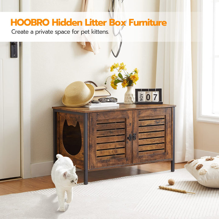 Cat Litter Box Enclosure, Hidden Litter Box Furniture with Shutter Door and Head Mat, Cat Litter Box Furniture Fit Most of Litter Box, 31.5''L x 17.7''W x 19.9''H, Rustic Brown BF06MW01