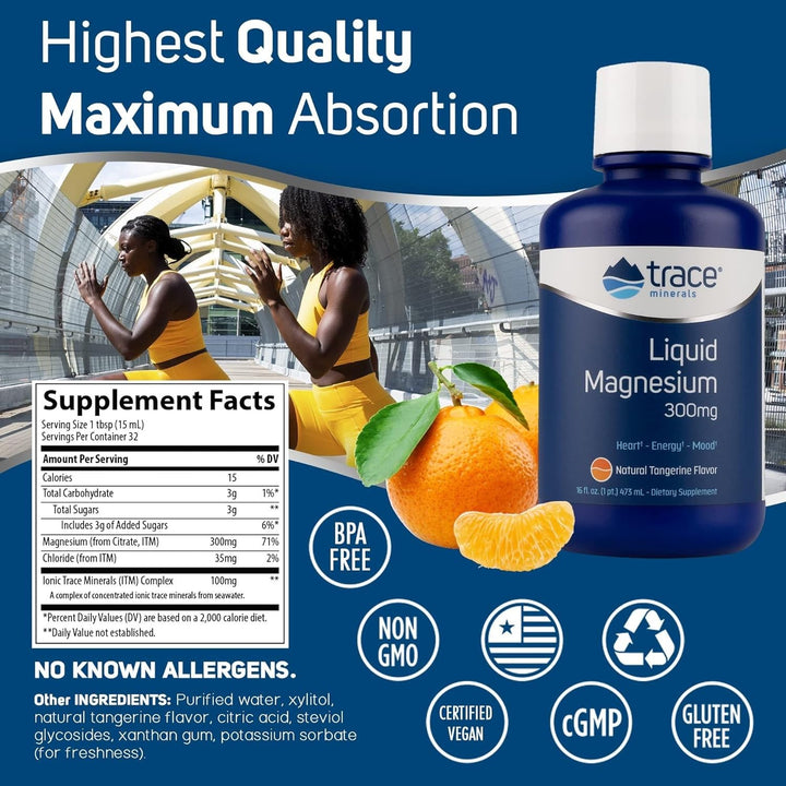 Magnesium Liquid 300mg - Energy & Heart Health Support Supplement - Minerals to Aid Digestion & Hydration - Support Healthy Bones - Natural Tangerine Flavor, 16 fl oz (32 Servings)