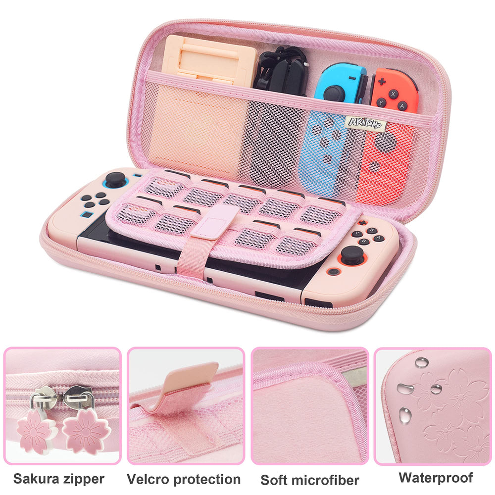 Cute Travel Carrying Case for Nintendo Switch Accessories Kit with Hard Protective Cover, Glass Screen Protector, Adjustable Stand and Thumb Grip Caps 10 in 1(Switch Pink)