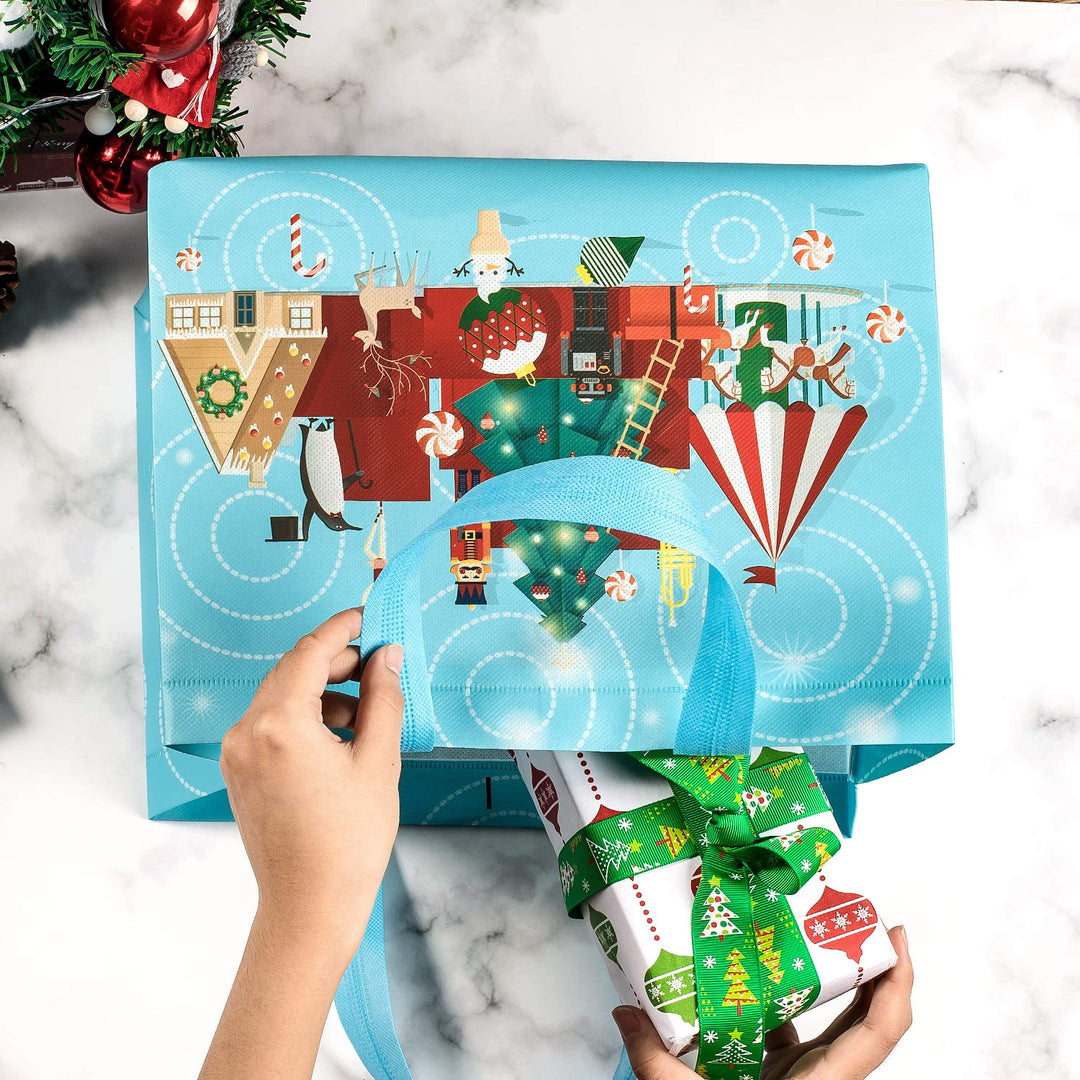 12 Pack Large Christmas Tote Bags with Handles, Reusable Gift Bag Grocery Shopping Totes for Holiday Xmas 12.8 x 9.8