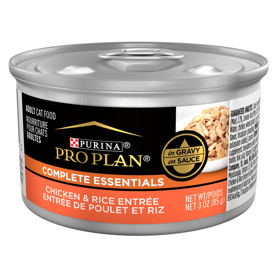 High Protein Cat Food Complete Essentials Wet Gravy, Chicken and Rice Entree - (Pack of 24) 3 oz. Pull-Top Cans