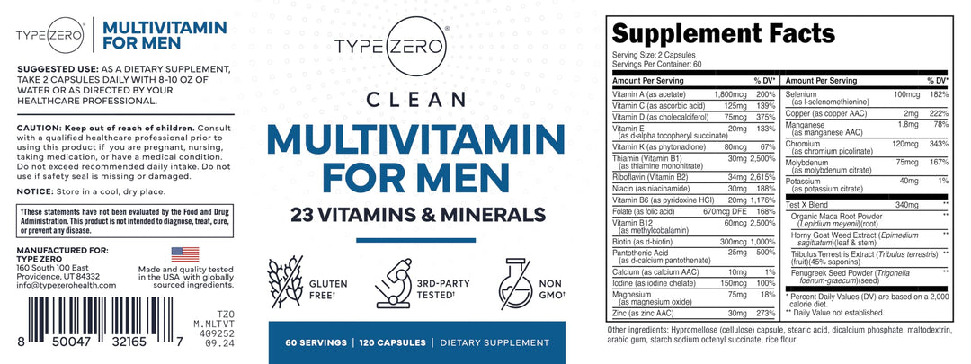 Multivitamin Capsules for Men (120 Capsules) (1200 mg) - Gluten-Free, 60 Servings