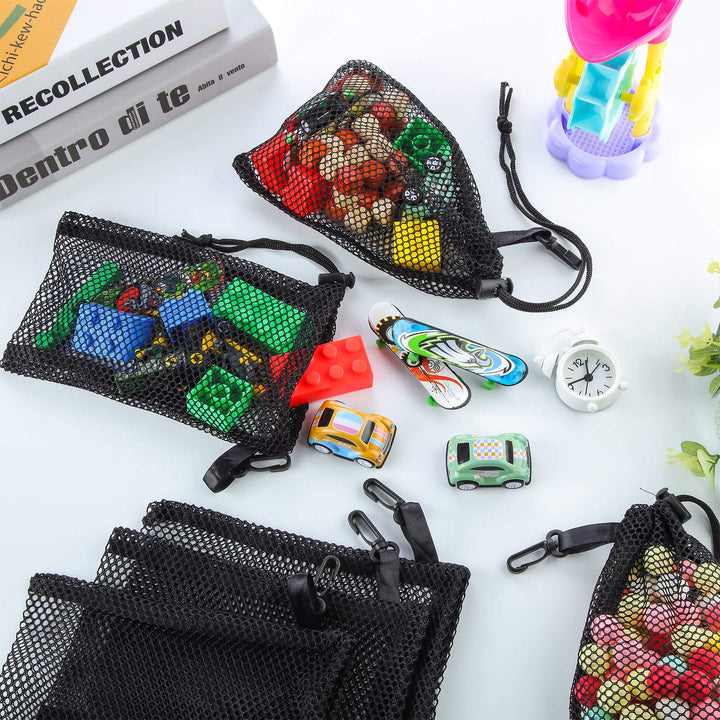 8 Pieces Black Mesh Drawstring Bags with Clips Nylon Storage Mesh Bags for Collecting Toys Travel (20 x 15 cm/ 7.9 x 6 Inch)