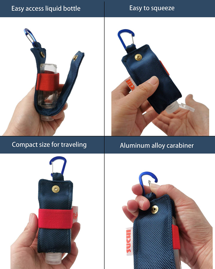 Travel Size Hand Sanitizer Holder,Bottle Case and Carabiner Carrier bag-Portable Mini Waist Bag for Liquids Clip On Belt Loop, Backpack and Purse - Includes Empty 60ml/ 2 oz Reusable Bottle (Blue)