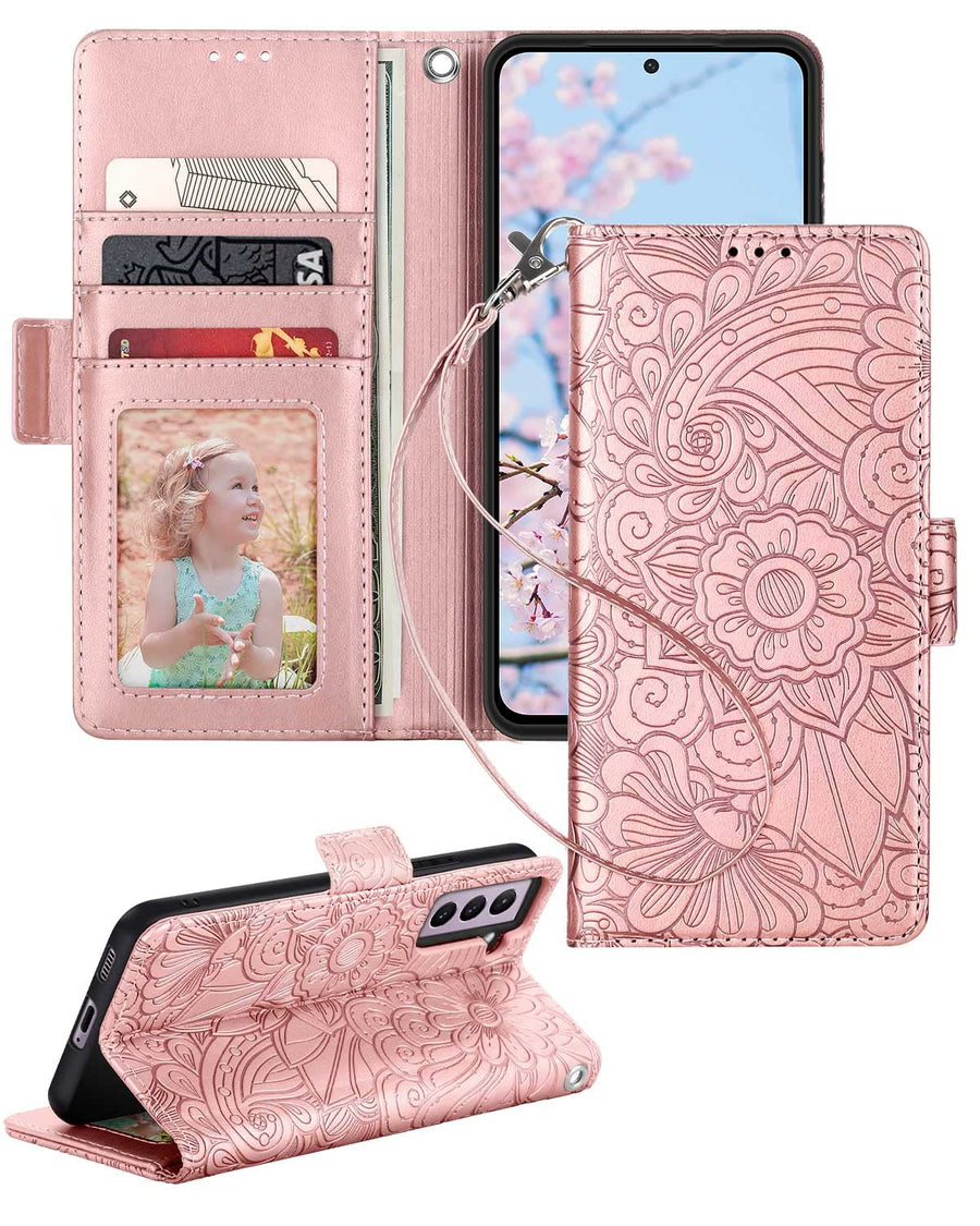 for Samsung Galaxy S21 FE 5G Wallet Case,Embossed Mandala Floral Leather Folio Flip Wristlet Shockproof Protective ID Credit Card Slots Holder Cover for Samsung Galaxy S21 FE Rose Gold