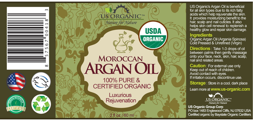 Moroccan Argan Oil, USDA Certified Organic,100% Pure & Natural, Cold Pressed Virgin, Unrefined, 2 Oz in Amber Glass Bottle, for Hair treatment, Skin, Nail, Cuticle, Sourced from Morocco.
