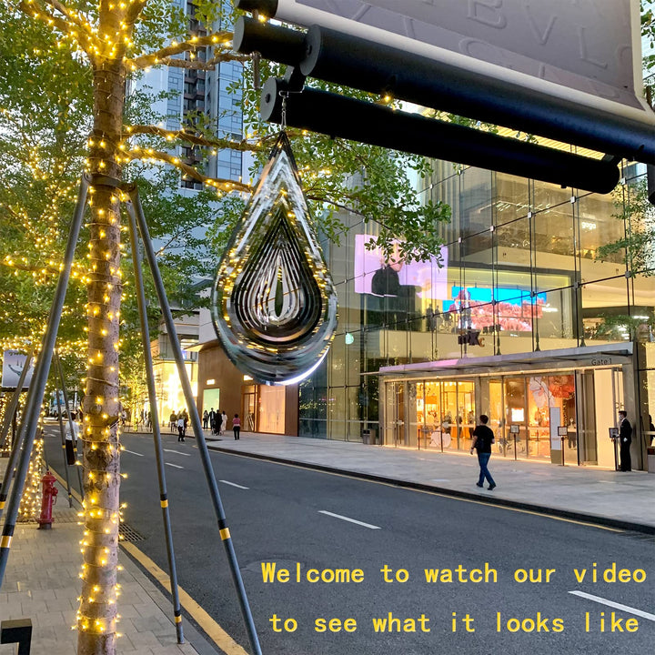 Wind Spinner Stainless Steel 3D Flowing Light Effect Decoration for Outdoor Garden Hanging Decor Gifts 12“x 8“ Silver Water Drop-Shaped Spinners with 360° Rotating Hook