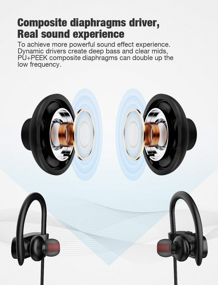 Bluetooth Headphones,Wireless Earbuds IPX7 Waterproof Sports Earphones with Mic HD Stereo Sweatproof in-Ear Earbuds Gym Running Workout 8 Hour Battery Noise Cancelling Headsets