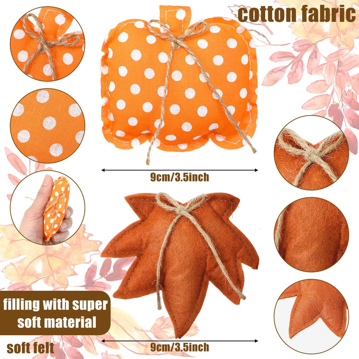 18 Pcs Fall Thanksgiving Ornaments for Tree Pumpkin Maple Leaves Halloween Hanging Decorations Buffalo Plaid Polka Dot Thanksgiving Farmhouse Fabric Ornaments for Harvest Autumn Decor (Plaid Style)