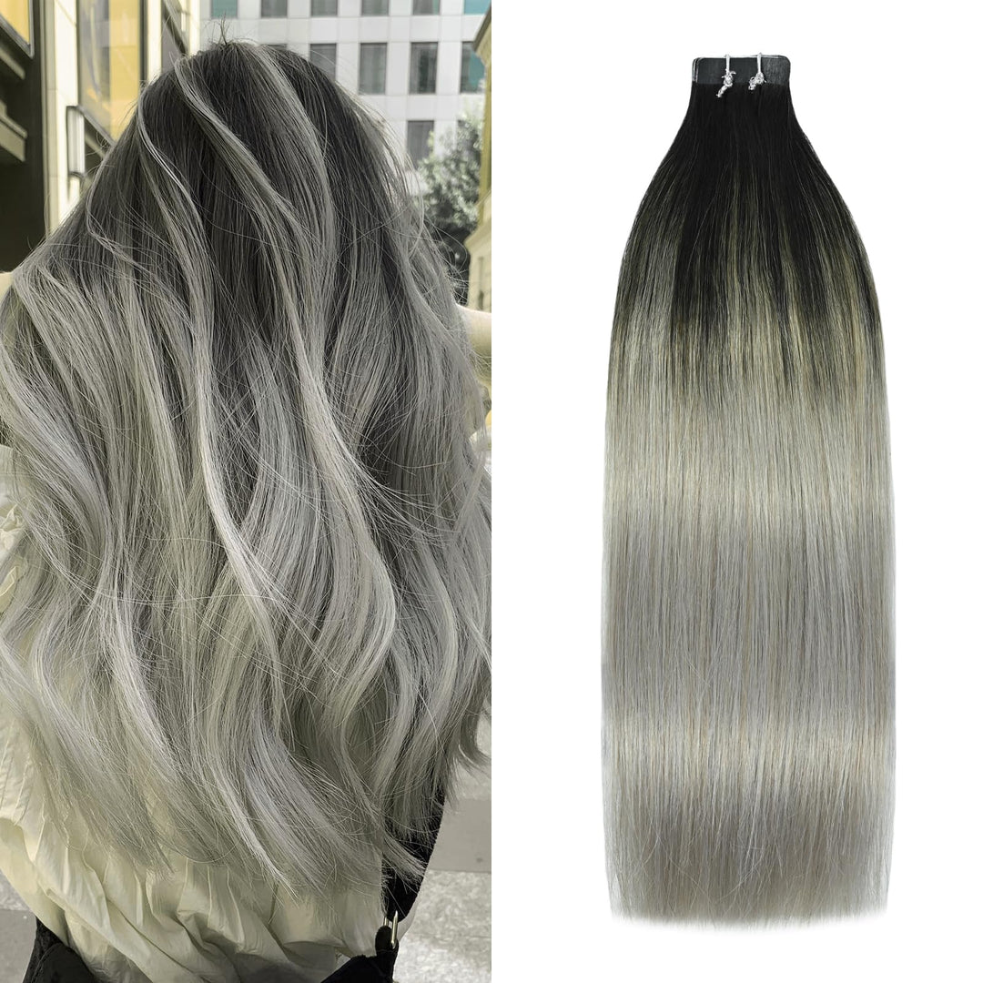 Tape In Hair Extensions Human Hair Double Sided Tape Skin Weft Balayage Ombre Hair Natural Black Fading to Silver Ash Blonde Hair Extensions Remy Hair #1btGray 50g 16Inch 20PCS Thick
