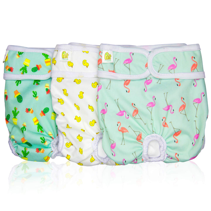 Pet Magasin Reusable Washable Dog Diapers (Pack of 3), Highly Absorbent with Strong & Flexible Closure (Trending, Small (11”-16” Waist))