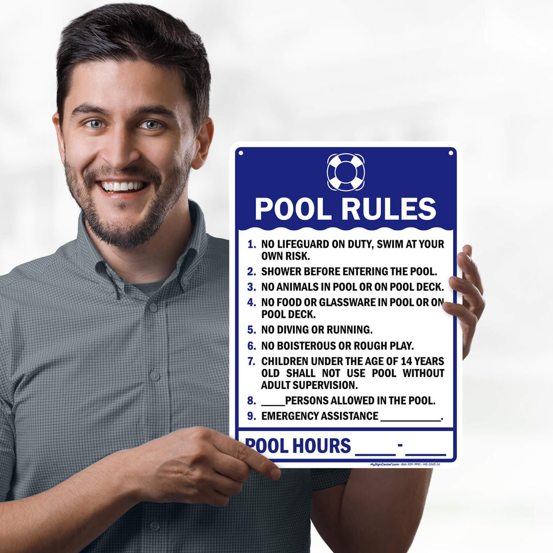 Pool Rules Sign, 10x14 Inches, Rust Free .040 Aluminum, Fade Resistant, Made in USA
