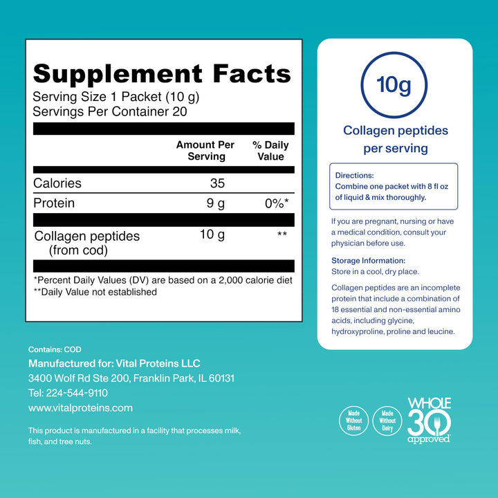 Marine Collagen, Wild-Caught, Non-GMO Project Verified, Unflavored Stick Packs (10g) (Box of 20)