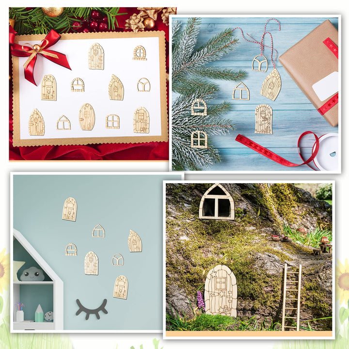 64 Pcs Fairy Door Mini Wooden Garden Doors Unfinished DIY Craft Fairy House Kit Unpainted Wood Miniature Door Blank Fairy House Doors and Windows for Home Office Wedding Party Decoration Accessories