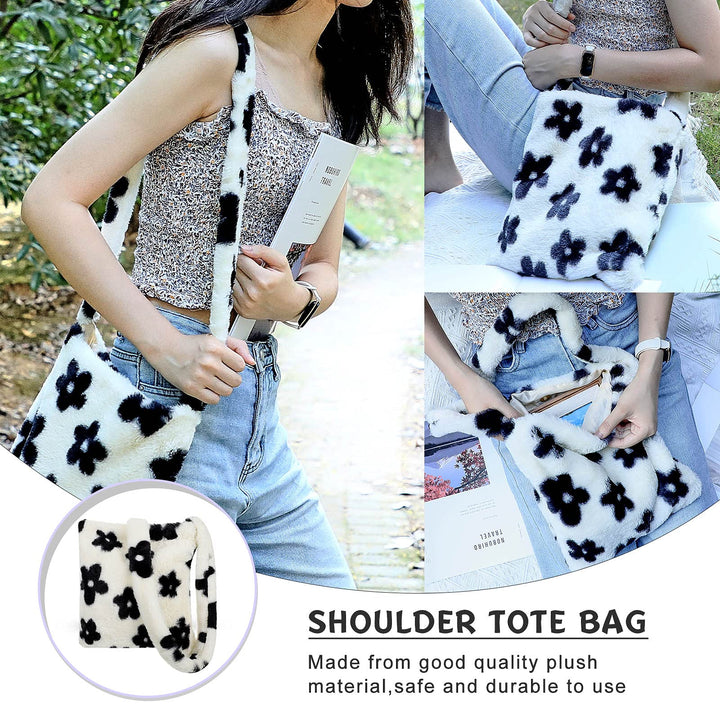 Fluffy Shoulder Bag Ladies Plush Underarm Bag Tote Bag White Women Y2K Furry Purse Handbag for Autumn and Winter (Flower, 10.2 x 11.8 Inch)
