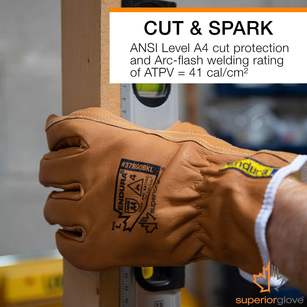 Goat Grain Leather Work Arc Flash Gloves with ParaActiv Cut Resistant Protection - Endura Safety Gloves Water Resistant 378GOBKL (1 Pair) Size Large