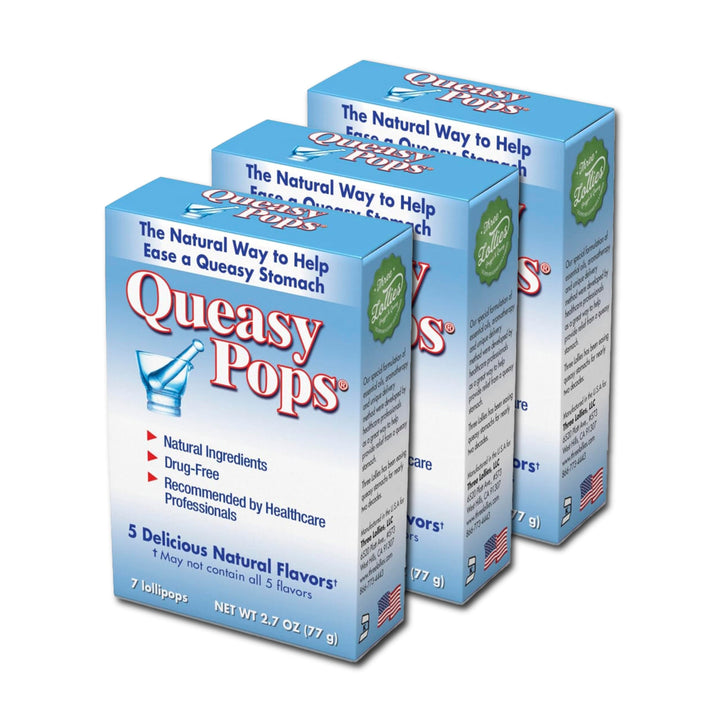 Queasy Pops | Nausea (Chemo, Motion Sickness etc.) | Drug Free & Gluten Free | 7 Flavors: Green Tea with Lemon, Ginger, Peppermint & More, 7 Count (Pack of 3)