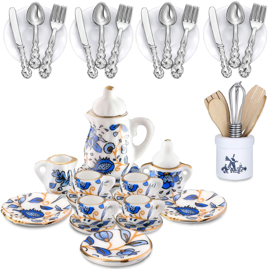 37 Pieces 1:12 Scale Miniatures Dollhouse Kitchen Accessories Include 16 Mini Doll Plates Knife Fork Spoon, 6 Mini Egg Beater Utensil, 15 Mini Tea Cup Set for Doll Toy Supplies (Blue Flower)