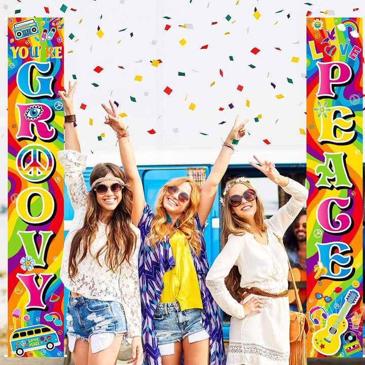 60's Party Scene Setters Wall Decorating Kit 60s Porch Sign Party Door Sign for 1980s Theme Party Rock Star Birthday Decoration (60s Groovy)