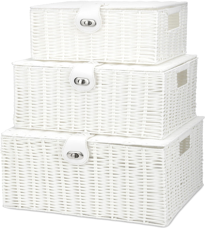 White Wicker Storage Baskets - Set of 3 Decorative Nesting Boxes with Lids, Woven Basket with Lock & Handle, Organizer for Beauty Makeup Bathroom Decor