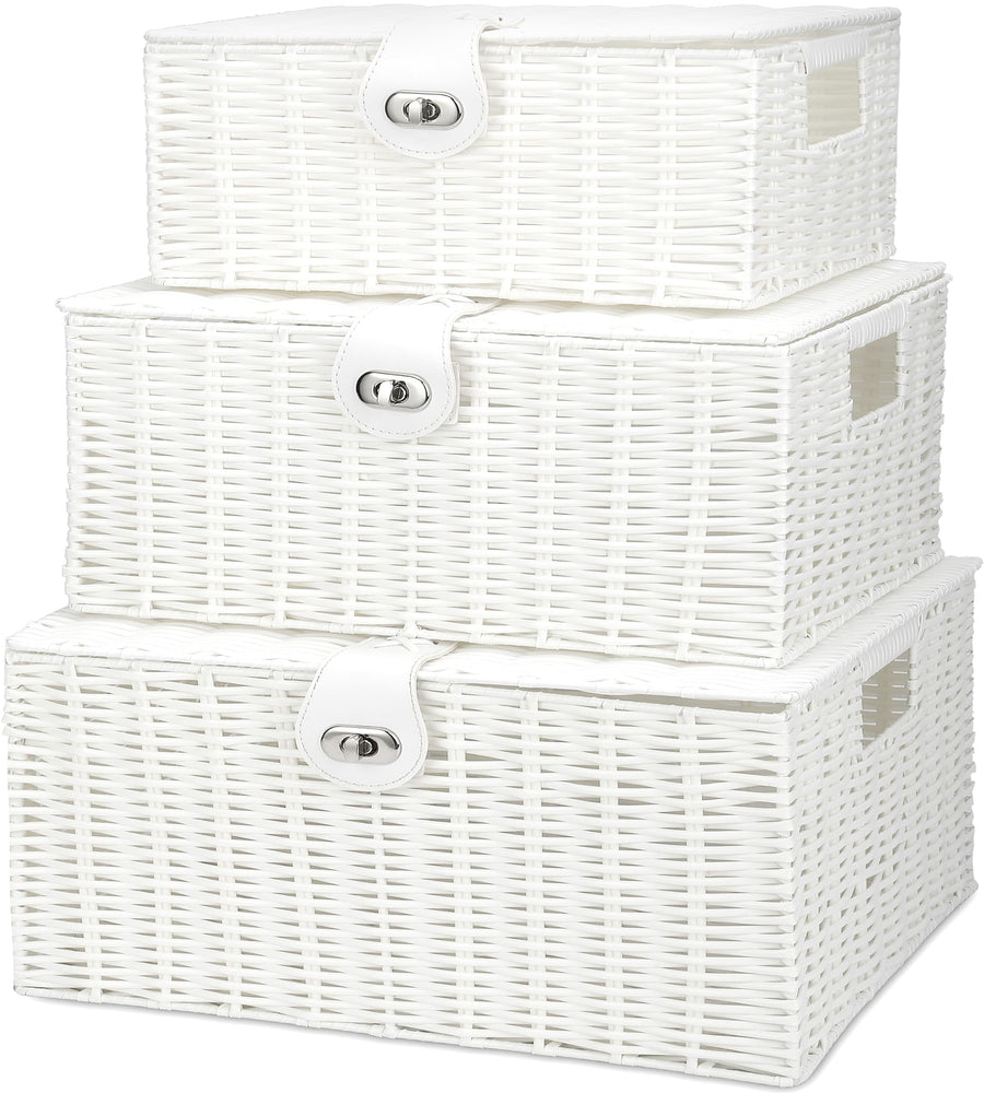 White Wicker Storage Baskets - Set of 3 Decorative Nesting Boxes with Lids, Woven Basket with Lock & Handle, Organizer for Beauty Makeup Bathroom Decor