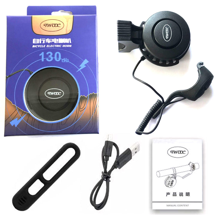 Electric Bike Horn 100dB Rechargeable - Waterproof Electronic Bicycle Bell with 4 Sound Modes & Easy Mount for Mountain Bikes, Kids Bikes, Adult Bicycles (Black)