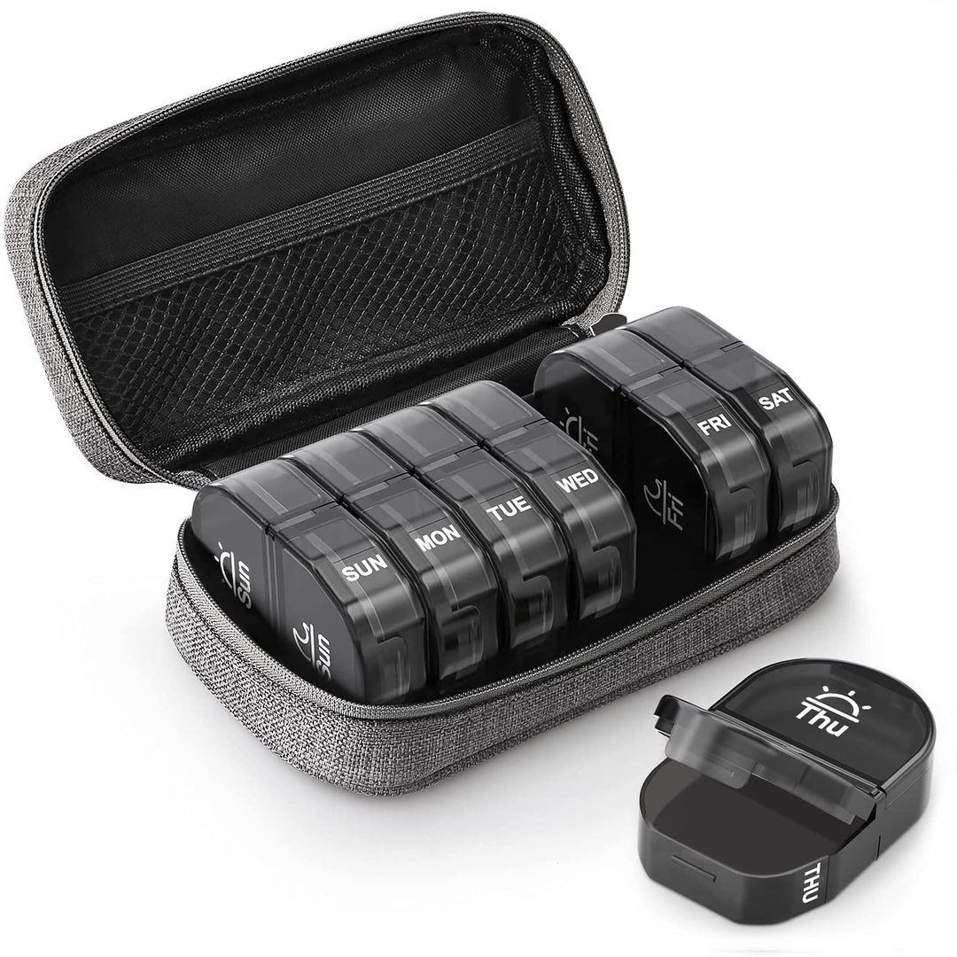 Canvas Bag Travel Pill Organizer 2 Times a Day, Large AM/PM Weekly Pill Box 7 Day Pill Case with Portable Gray Zipper Cloth Bag for Holding Supplements, Vitamins and Fish Oils