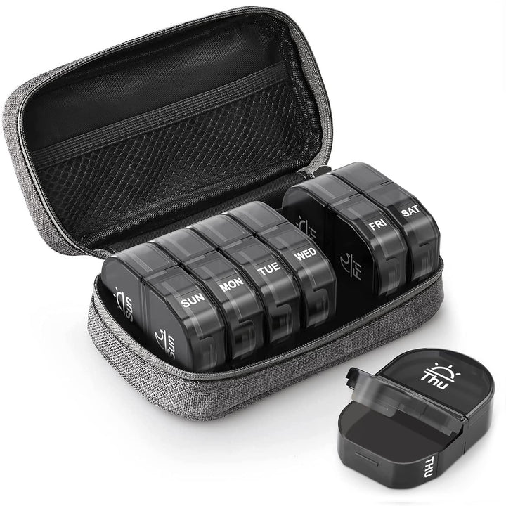Canvas Bag Travel Pill Organizer 2 Times a Day, Large AM/PM Weekly Pill Box 7 Day Pill Case with Portable Gray Zipper Cloth Bag for Holding Supplements, Vitamins and Fish Oils