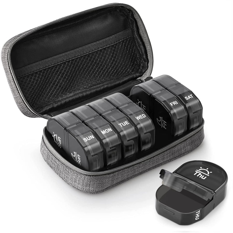 Canvas Bag Travel Pill Organizer 2 Times a Day, Large AM/PM Weekly Pill Box 7 Day Pill Case with Portable Gray Zipper Cloth Bag for Holding Supplements, Vitamins and Fish Oils