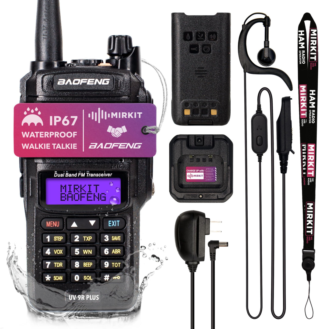 Mirkit Waterproof Baofeng Radio UV-9R Plus MK1 (UV-82 3rd Gen) 8 W VHF/UHF 144-148/420-450MHz Walkie Talkie with 2200mAh Battery & Programming Cable. IP67 Handheld Radio: Dust, Cold, Waterproof
