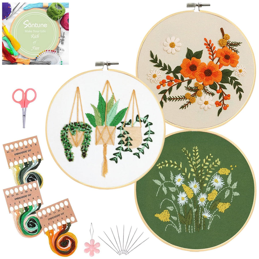 3 Sets Embroidery Kit for Beginners Needlepoint Cross Stitch Kits for Adults,Stitch Learning DIY Kit with Easy Instruction Video,Stamped Floral Embroidery Patterns,Hoop,Threads,Sewing Hobby