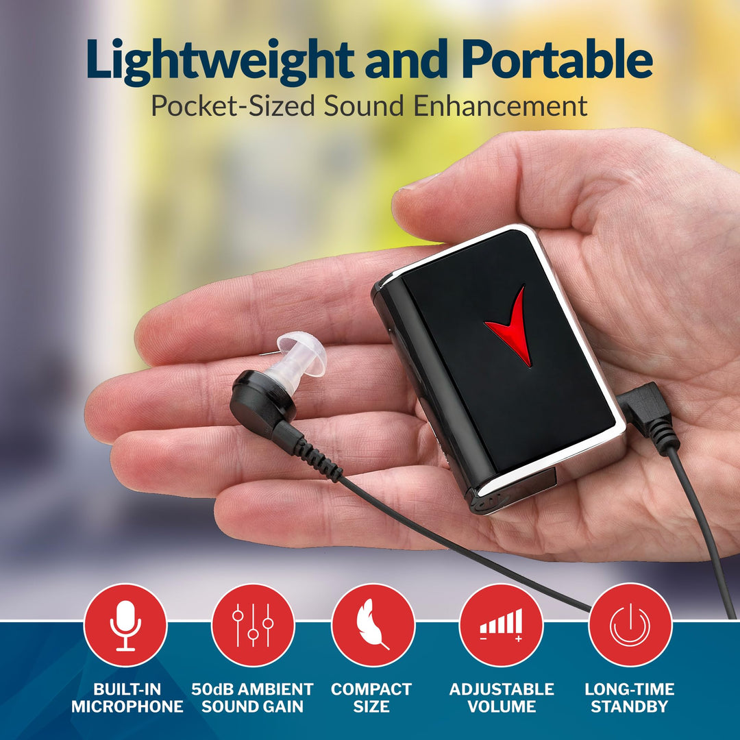 Personal Sound Amplifier - Hearing Aids for Seniors, Audio Hearing Amplifier Device and Voice Enhancer Device for Sound Gain of 50dB, Up to 100 Feet Away, Pocket Hearing Devices