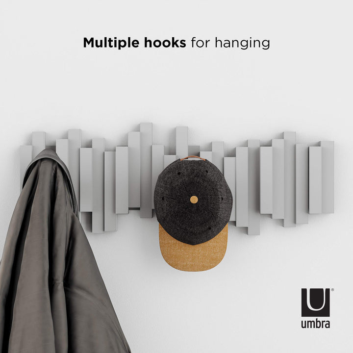 Sticks Wall-Mounted Coat Rack Rail Hook with 5 Retractable Pegs – Modern, Space-Saving Storage Organizer, Grey