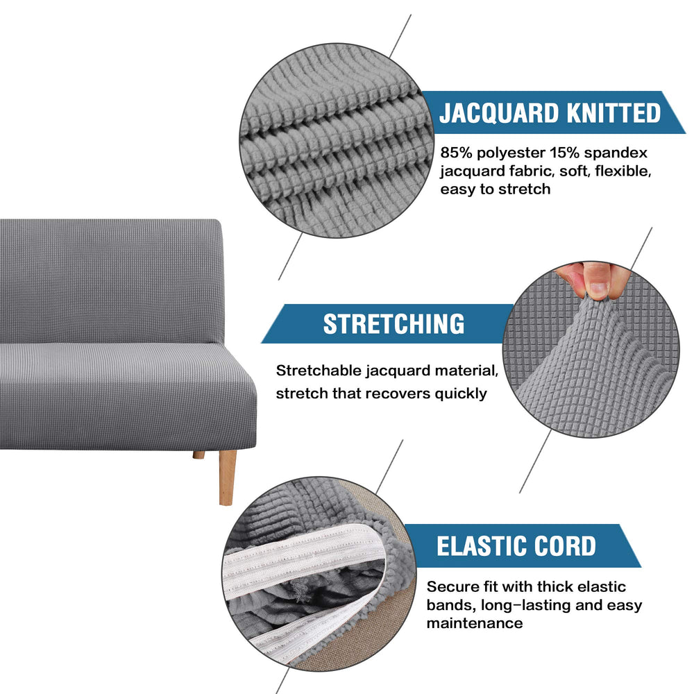 Armless Futon Cover Stretch Sofa Bed Slipcover Protector Elastic Feature Rich Textured High Spandex Small Checks Jacquard Fabric Futon Cover, Machine Washable, Dove