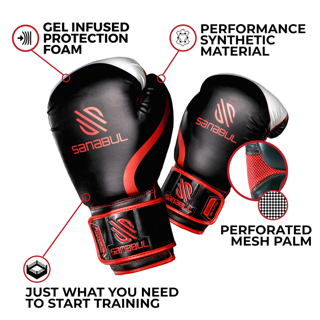 Essential Gel Boxing Gloves Kickboxing Gloves for Men & Women Boxing Training & Sparring Gloves Muay Thai and Heavy Bag Training - Black/Red, 10 oz