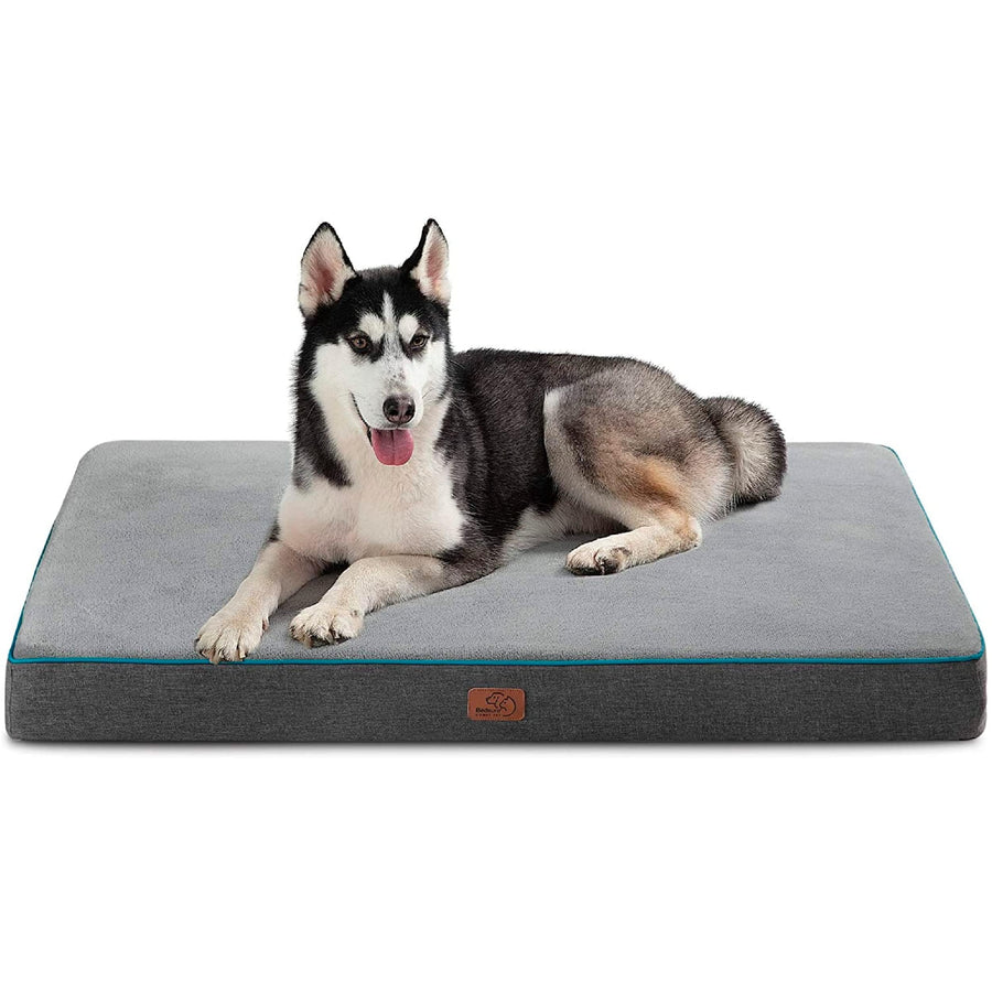 Memory Foam Dog Bed for Large Dogs - Orthopedic Waterproof Pet Mat for Crate with Removable Washable Cover and Nonskid Bottom - Water-Resistant Plush Flannel Fleece Top Pet Bed, Grey