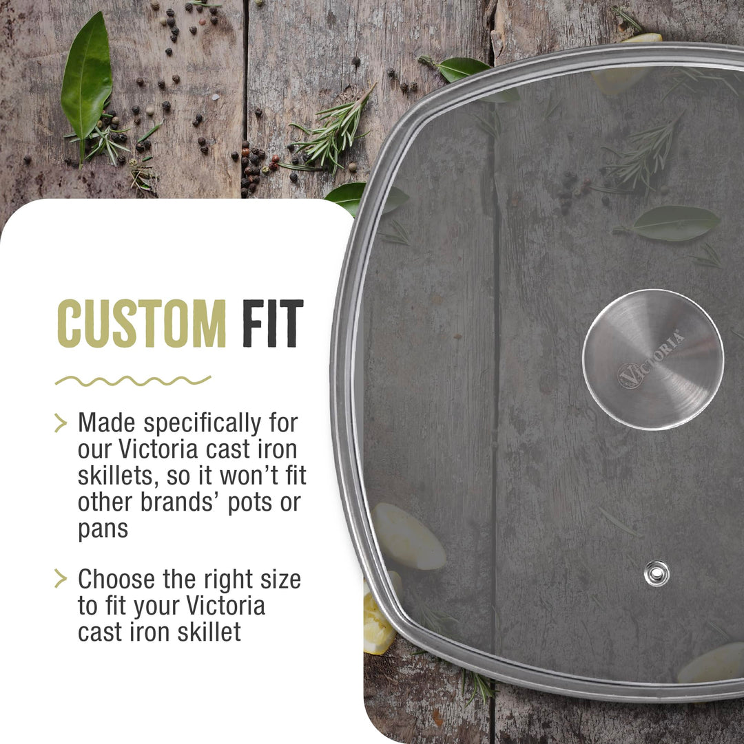 Square 10-Inch Glass Lid for Cast Iron Skillet or Pan, Custom Made for Only Brand, Diameter 9.7-Inch