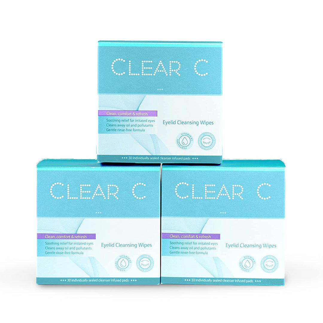 Clear C Eyelid Wipes Pre-Moistened for Dry Eyes – Rinse Free Eye Lid Cleaning Wipes – Individually Wrapped Travel Eye Wipes, 3 Boxes of 30
